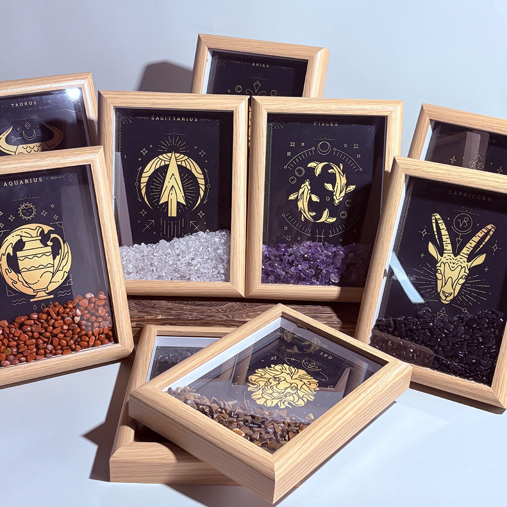 Lucky1 Stellar Altar: 12 Zodiac Art Frame with Natural Healing Crystals | Premium Desktop Constellation Decor &amp; Mindfulness Gift